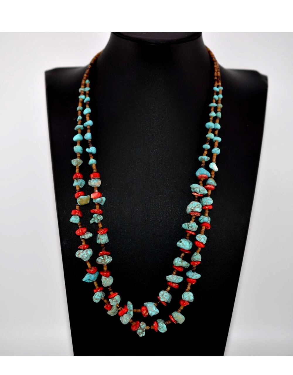 Mary W Roanhorse Navajo 2-Strand Oyster Shell Heishi Turquoise Coral Necklace